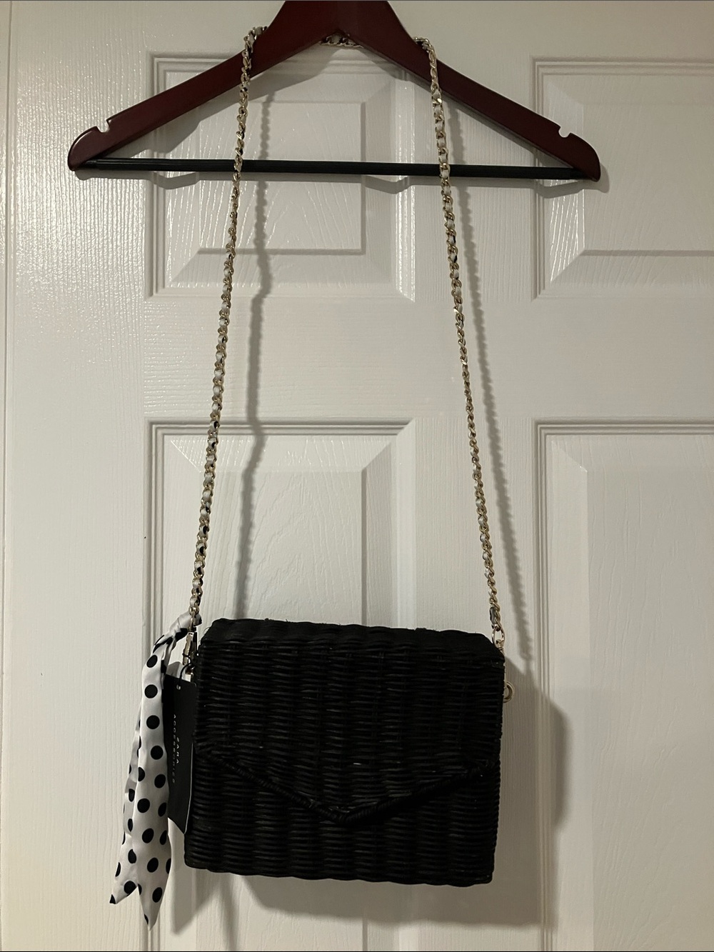 Zara Black Woven Crossbody with Gold-Trim Chain and Polka-Dot Scarf